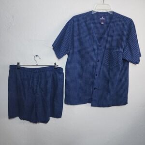 Stafford Pajama Set Mens Large Blue Check Short Sleeve Button Shirt Shorts‎ PJs